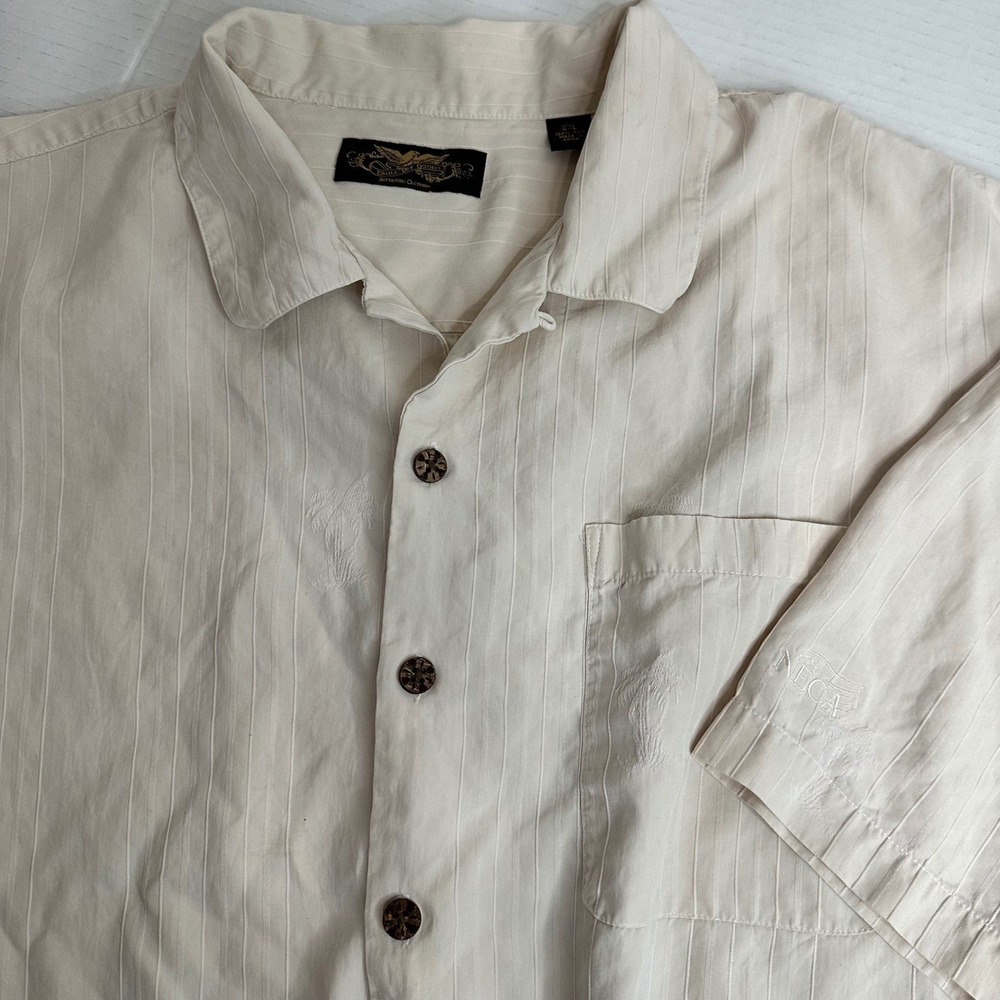 Eagle Dry Goods Silk Shirt Men 2XL Cream Striped Palm Tree Embroidered Button Up
